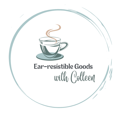 A light green circle with steaming coffee image that says Ear-resistible Goods with Colleen
