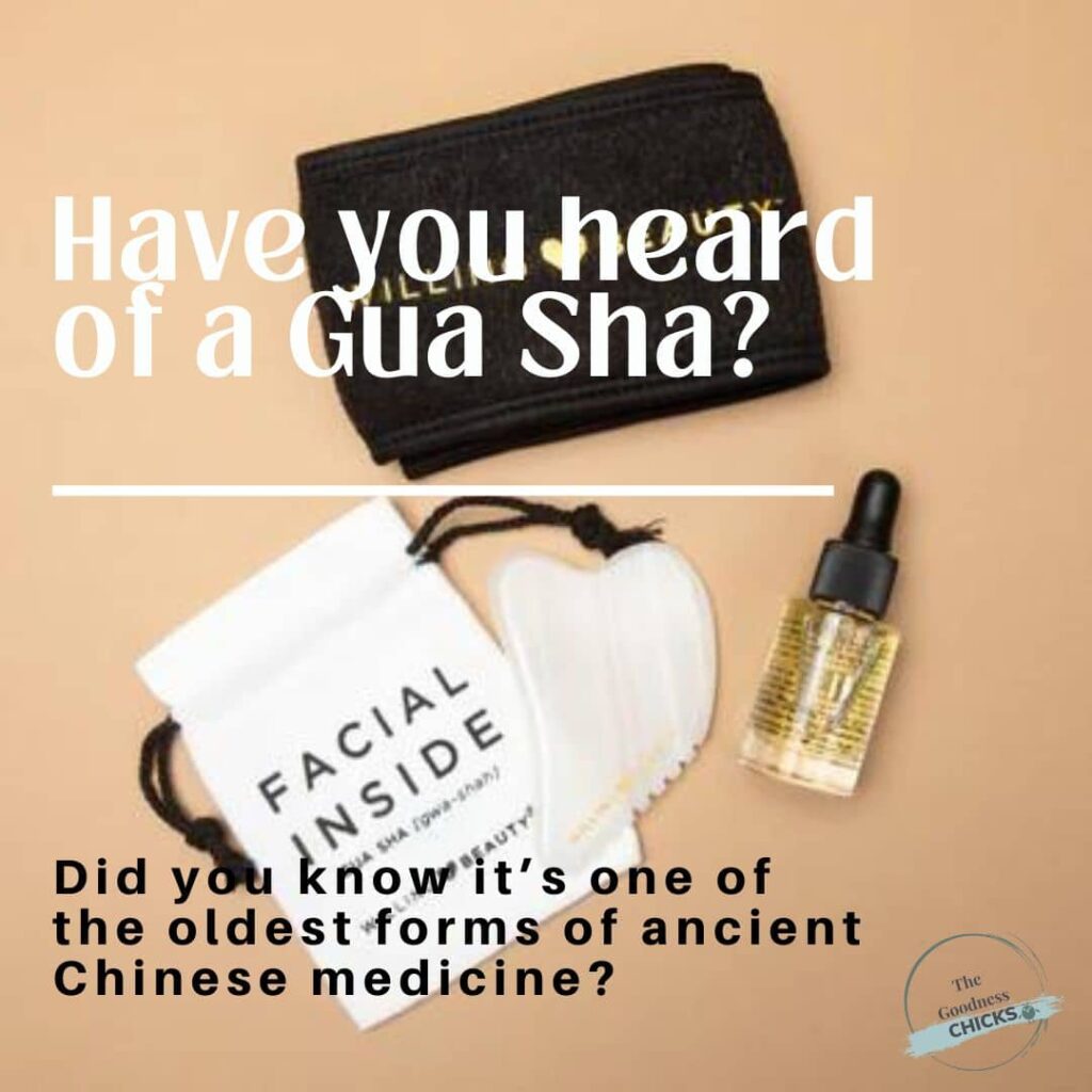 a beige background with Willing Beauty Gua Sha Facial Tool, Born to Glow Skin Elixir and canvas pouch with verbiage "have you heard of gua sha?" and "did you know it's one of the oldest forms of ancient chinese medicine?"