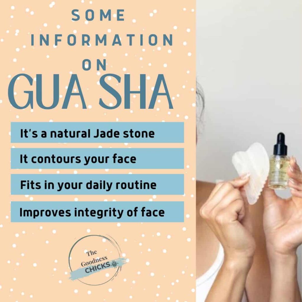 a beige polka dot background with a woman's hands holding a gua sha facial tool in one hand and born to glow skin elixir in the other hand with verbiage: "some information on gua sha, it's a natural jade stone, it contours your face, fits in your daily routine and improves integrity of face"