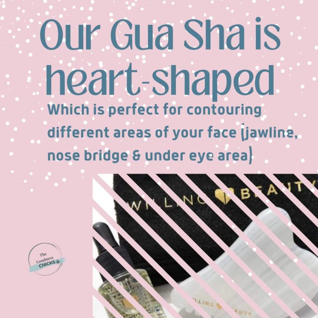 a pink polka background that has an image of our willing beauty headband, gua sha facial tool and born to glow skin elixir that has verbiage 'our gua sha is heart-shaped which is perfect for contouring different areas of your face (jawline, nose bridge & under eye area)'