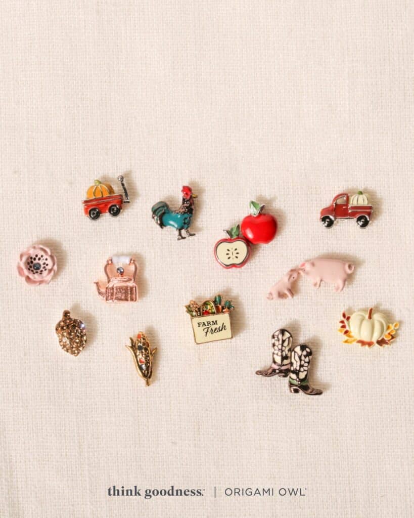 a beige image that includes fall charms: white pumpkin harvest, pumpkin in a wagon, rooster, pink anemone flower, pig and piglet set, harvest corn, farm fresh, cut apple, cowgirl boot and cooper kettle for fall season 2023