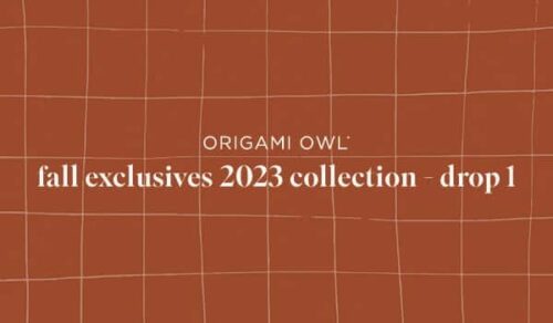 a rust brown color image with grid lines that says Origami Owl fall exclusives 2023 collection - drop 1