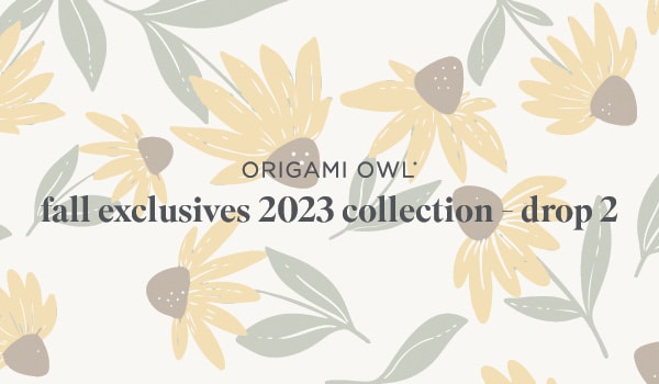 A beige image covered in sunflowers that says Origami Owl Fall exclusives 2023 collection-drop 2