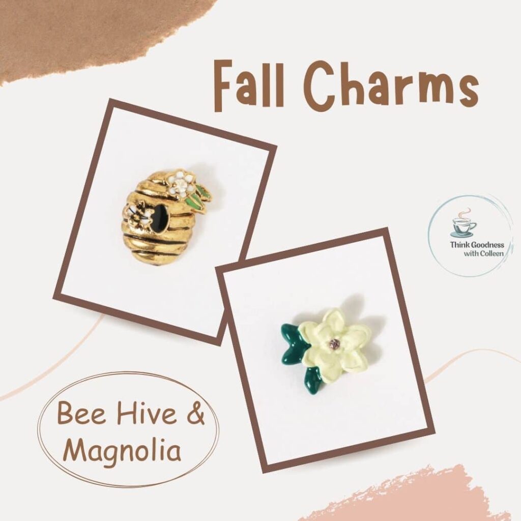 an off white image with light beige borders and 2 frames trimmed in brown of the bee hive and magnolia charms