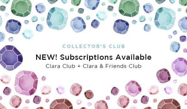 a white image with various colors of austrian crystals with verbiage that says collector's club, new! subscriptions available, clara club + clara & friends club