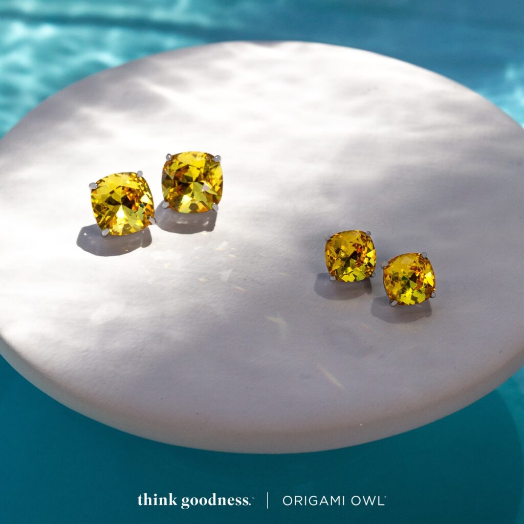 a pool with a white marble disk that has Origami Owl Signature Clara stud earrings and mini clara stud earrings
