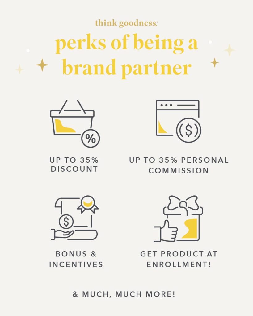 a light image with think goodness, perks of being a brand partner with 4 elements that say up to 35% discount, up to 35% personal commission, bonus and incentives and get product at enrollment