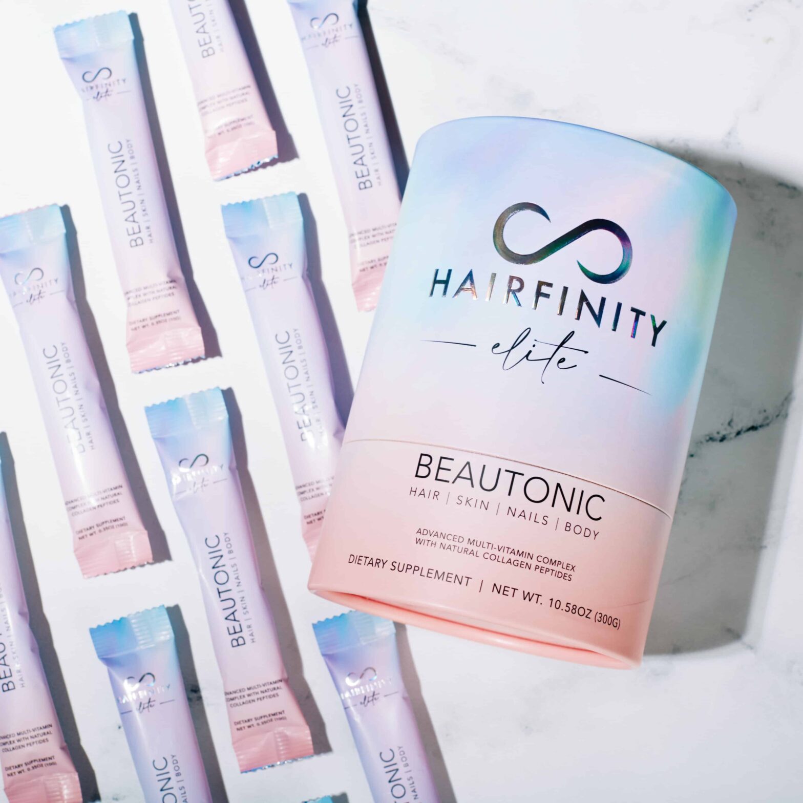 a light blue image of a container of Hairfinity Elite Beautonic 8 sachets of Beautonic