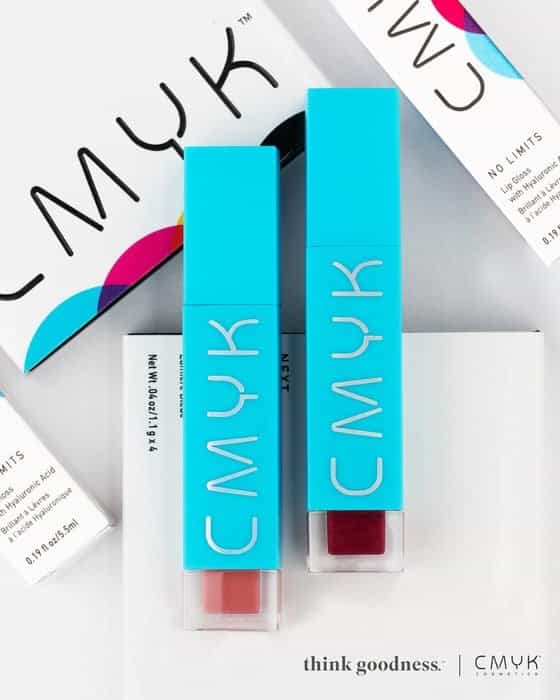 an image of cmyk cosmetics no limits collagen lip gloss with gleam on the left and beam on the right