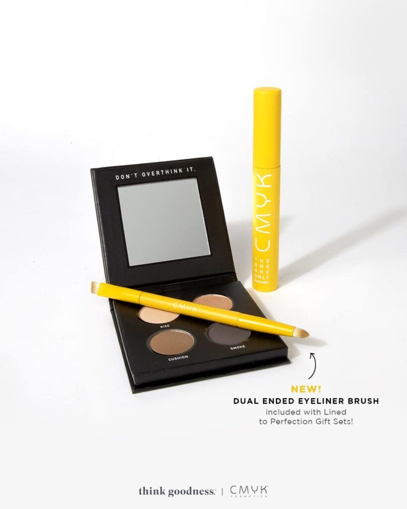 an image of the nude next level eye palette with a cmyk the one and only mascara standing next to it and the new dual ended eyeliner brush lying across eye palette