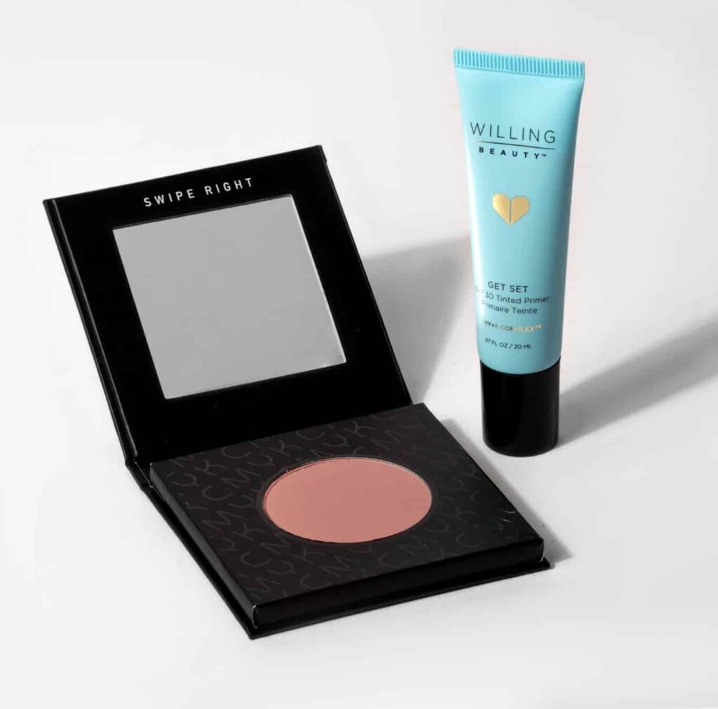 a white background with a cmyk beyond blush and willing beauty tinted primer called the Velvet finish gift set