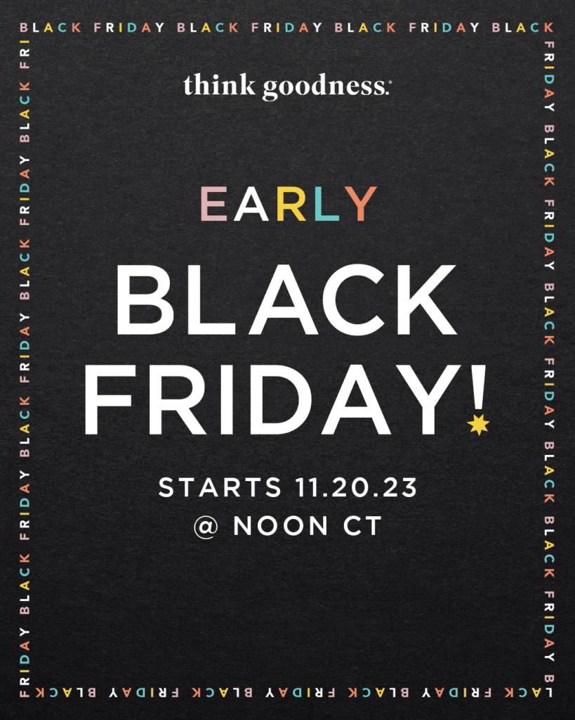 Let's start our Cyber Week Sales now! a black image with black friday on the 4 edges in different pastel colors and graphic says black friday starts at noon CT november 20 2023. 