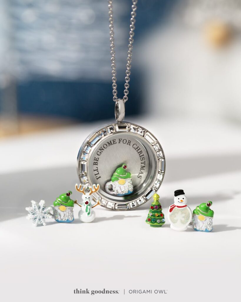 a white background showing a large baguette clear crystal living locket with a plate in it that says I'll be gnome for christmas and a gnome charm. surrounding the locket are 2 more gnomes, christmas tree, snowman, snowflake and reindeer charms.
