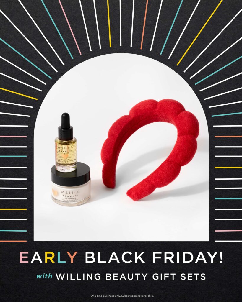 A black image with pastel rainbow colors that is a willing Beauty Gift Set for Early Black Friday sales Glow in a Wink set that includes Born to Glow Skin Elixir, Red Headband and Flashback Instant Brightening Peel