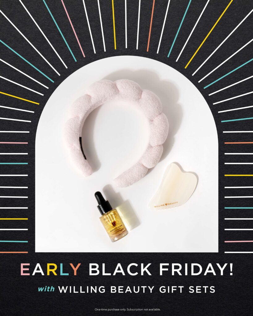 A black image with pastel rainbow colors that is a willing Beauty Gift Set for Early Black Friday sales: Gua Sha Starter Set that includes Born to Glow Skin Elixir, Gua Sha Stone and Blush Cloud Headband