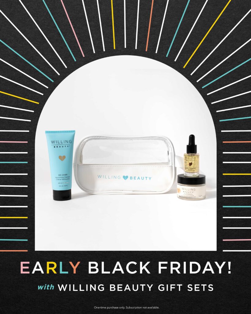 A black image with pastel rainbow colors that is a willing Beauty Gift Set for Early Black Friday sales: Instant Results Kit + White Bag that includes Born to Glow Skin Elixir, Do Over Nourishing Cleanser, Flashback Instant Brightening Peel and a white bag