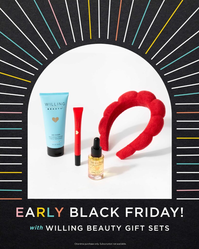 A black image with pastel rainbow colors that is a willing Beauty Gift Set for Early Black Friday sales Wash + Glow + Headband that includes Do Over Nourishing Cleanser, Born to Glow Skin Elixir, Peppermint Lip Oil and red headband