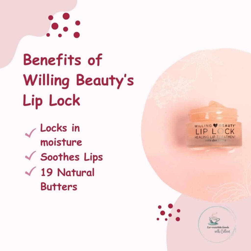 A light and medium pink image with a round circle and a picture of willing beauty lip lock healing treatment. The description says benefits of lip lock: locks in moisture, soothes lips and 19 natural butters