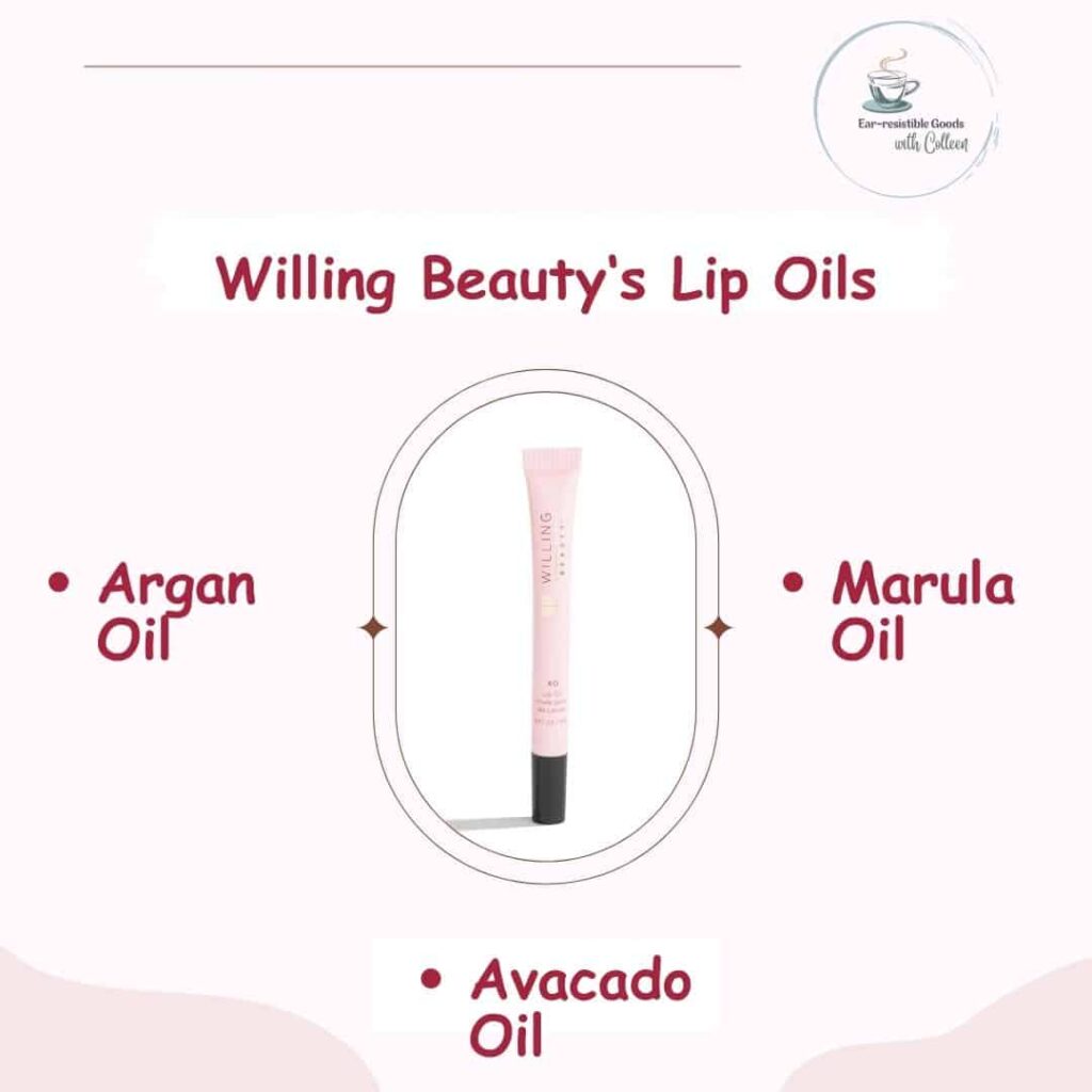 A light pink image with with an oval image of willing beauty’s coconut lip oil with the words willing beauty’s lip oils: Argan oil, Marula oil and avocado oil