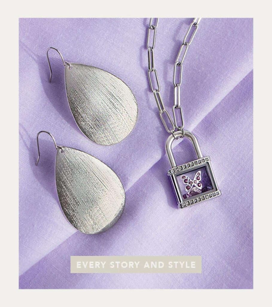 a light purple image with the silver padlock living locket necklace with crystal purple butterfly charm and silver teardrop drop earrings