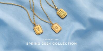 A blue image with 3 initial pendant necklaces, a Y and C and the third showing the special empowering message that says 'I am beautiful, resilient, strong, enough and loved. the verbiage on the graphic says origami owl spring collection 2024