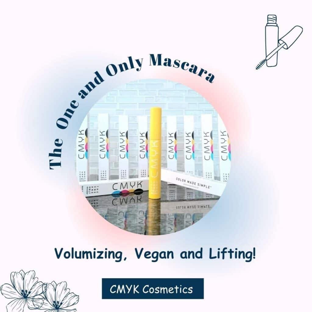 An ombré light pink and light blue image with a circle in the middle showing CMYK mascara and the words ‘the one and only mascara’ around the circle and in the bottom it says volumizing, vegan and lifting. The outline of 2 flowers is in the bottom left corner and the outline of a mascara tube is in the top right corner