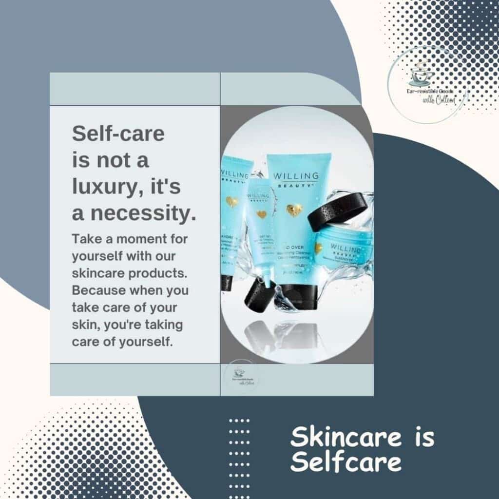 a white background with a dark and medium blue circle and the words skincare is selfcare in the bottom right. A graphic is in the center that says selfcare is not a luxury, its a necessity. take a moment for yourself with our skincare products. Because when you take care of your skin, you're taking care of yourself.