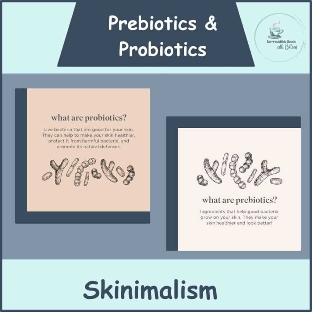 a light blue image with dark blue in top middle that says Prebiotics & Probiotics. The center is medium blue with 2 graphics that say what are probiotics and what are prebiotics. The word in the bottom center is skinimalism