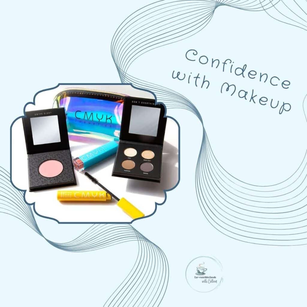 a light blue image with swirls of darker blue and the verbiage confidence with makeup. an image of CMYK Cosmetics blush, mascara, lip gloss, eye palette and makeup bag
