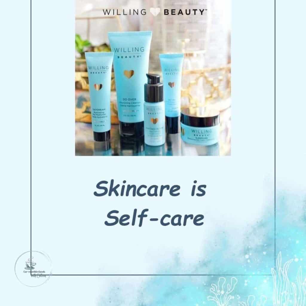 a light blue background with multi colored abstract in right corner. the picture is the willing beauty skincare regimen and the words say skincare is self-care