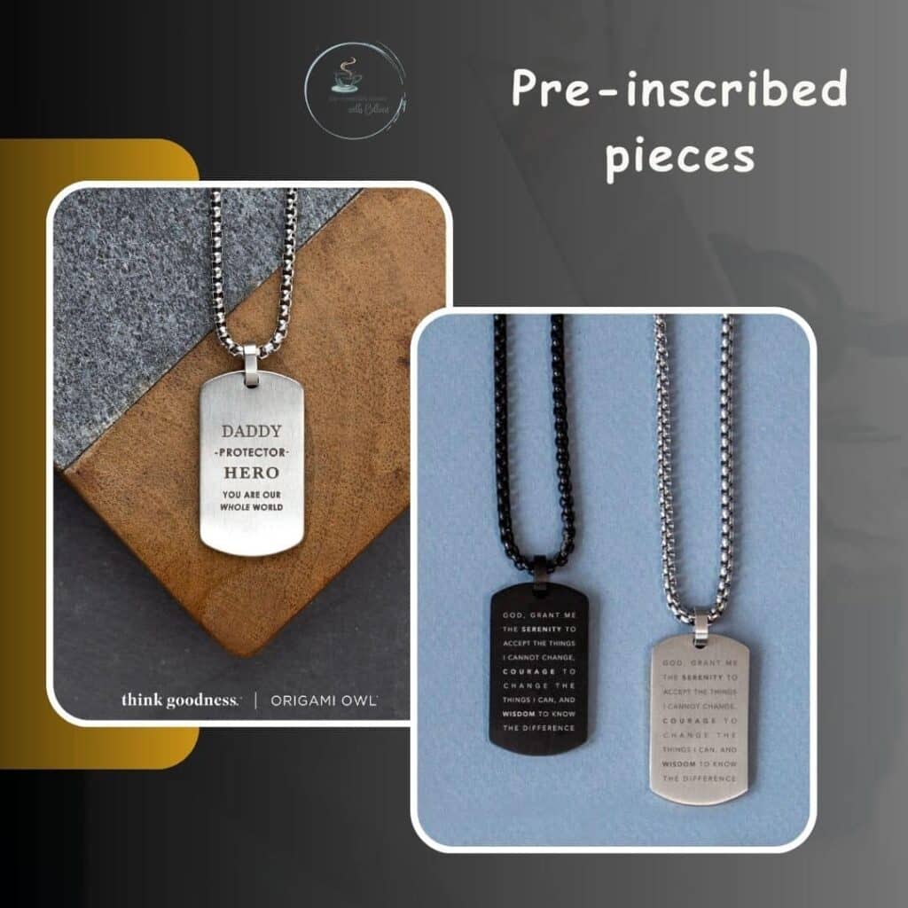 A charcoal grey background with 2 images of origami owl dog tags that are pre-inscribed, one is the serenity prayer and the other says daddy, protector, hero, your are our whole world. these would be awesome Father's Day Gift Options