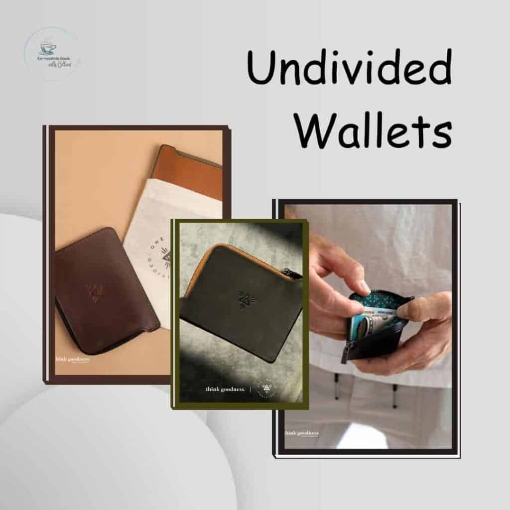A light grey background with 3 images of the undivided wallet in black, brown and olive