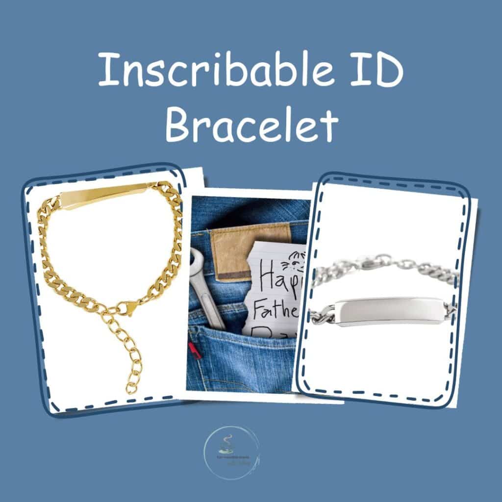 a Medium blue background with 3 images. 2 are Inscription ID bracelets, one in silver and one in gold. in the middle is a jeans back pocket with a wrench and a note that says happy fathers day. the verbiage on the graphic says inscribable ID bracelet that would be an amazing father's day gift options