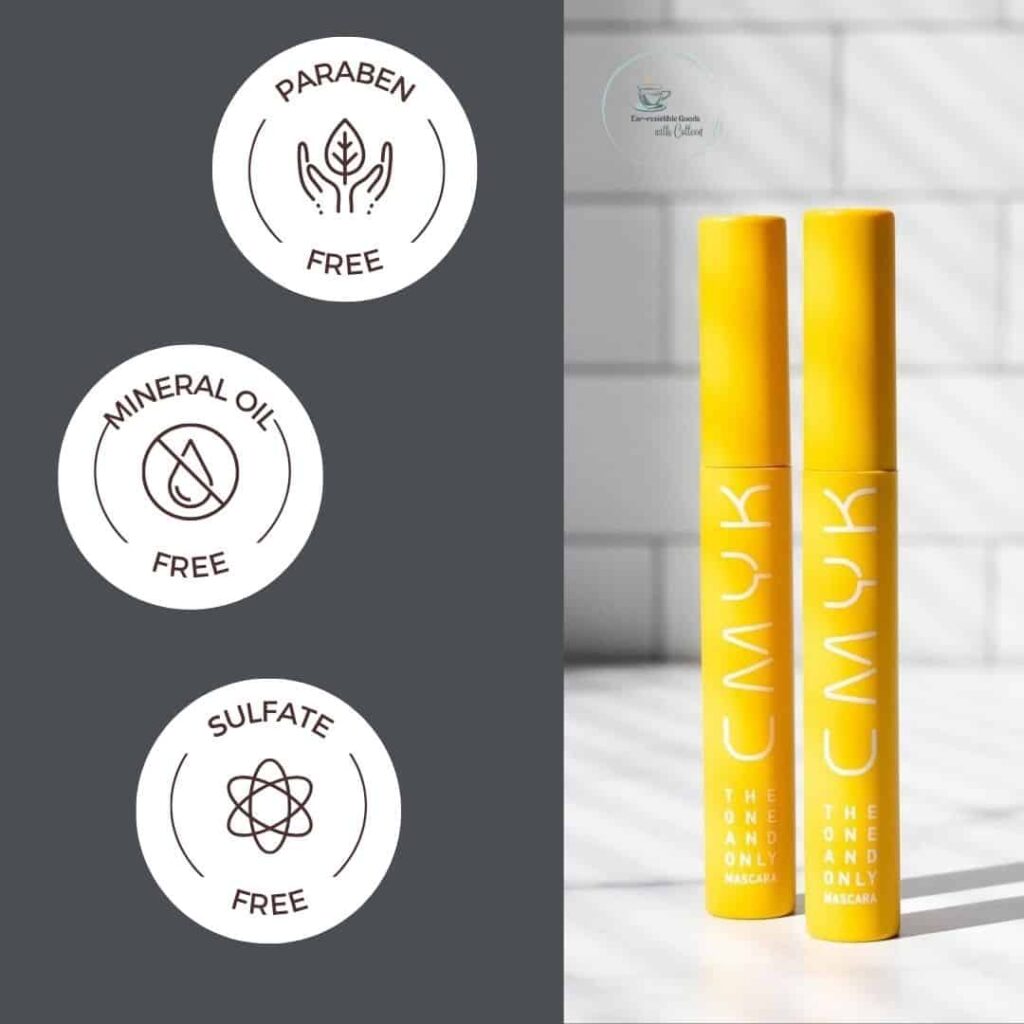 a grey graphic with 3 circles with the verbiage paraben free, mineral oil free and sulfate free that are all clean beauty features. there is an image on the right with a white background and 2 tubes of CMYK Cosmetics The One and Only Mascara that are horizontal