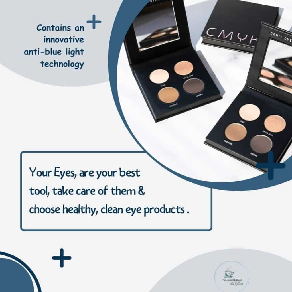 a white graphic with shades of blue half circles in bottom left, right and top left. There is a circle image in top right that has a picture with 2 palettes of CMYK Next Level eye palette that are part of our clean beauty products. the verbiage says: contains an innovative anti-blue light technology and your eyes are your, take care of them & choose healthy, clean eye products.