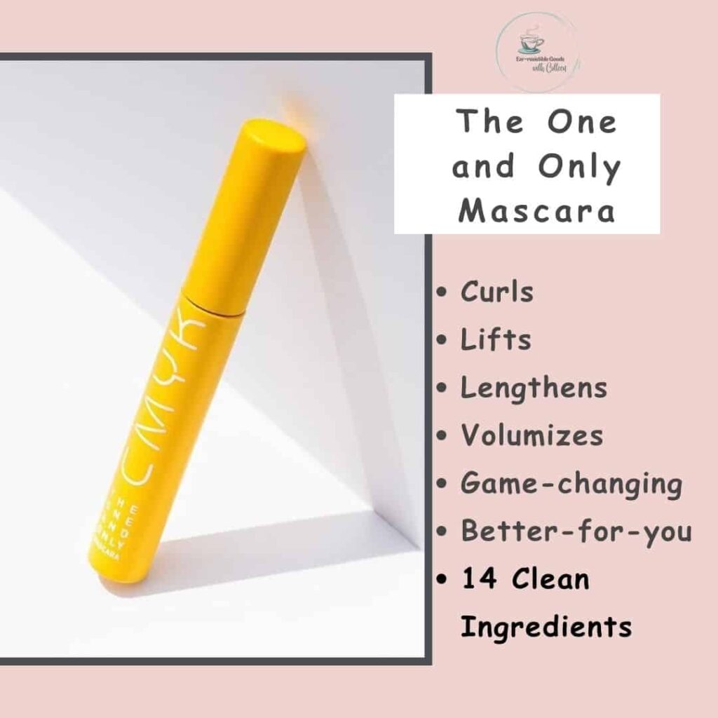 A light pink graphic with a white image of a yellow CMYK Cosmetics Mascara tube on the left. On the right is the verbiage: The One and Only Mascara, curls, lifts, lengthens, volumizes, game-changing, better-for-you, 14 clean ingredients