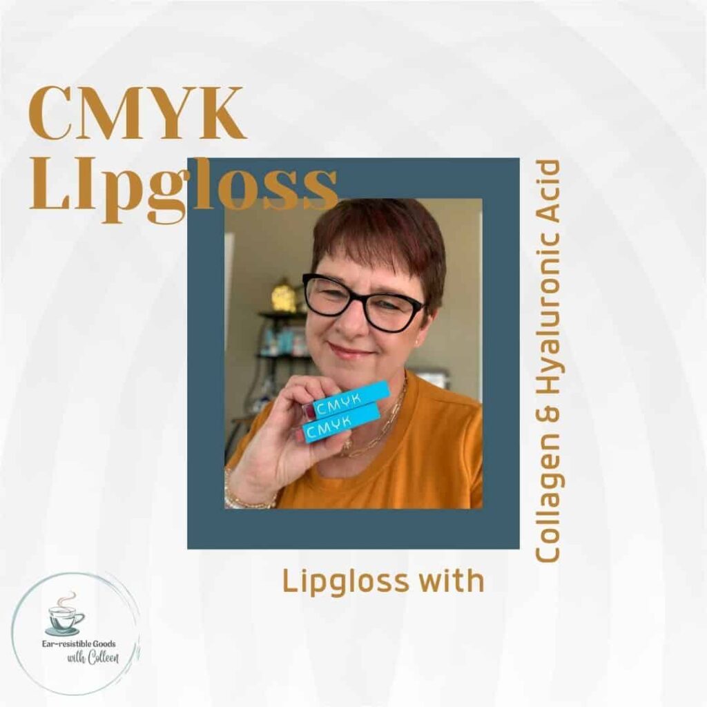 a white background with blue rectangle to the right and a picture of me, Colleen Evans in a mustard colored shirt and black glasses holding 2 aqua blue tubes of CMYK No lImits lip gloss. The verbiage says Lipgloss on the top left of my picture and on the bottom says lipgloss with collagen and hyaluronic acid
