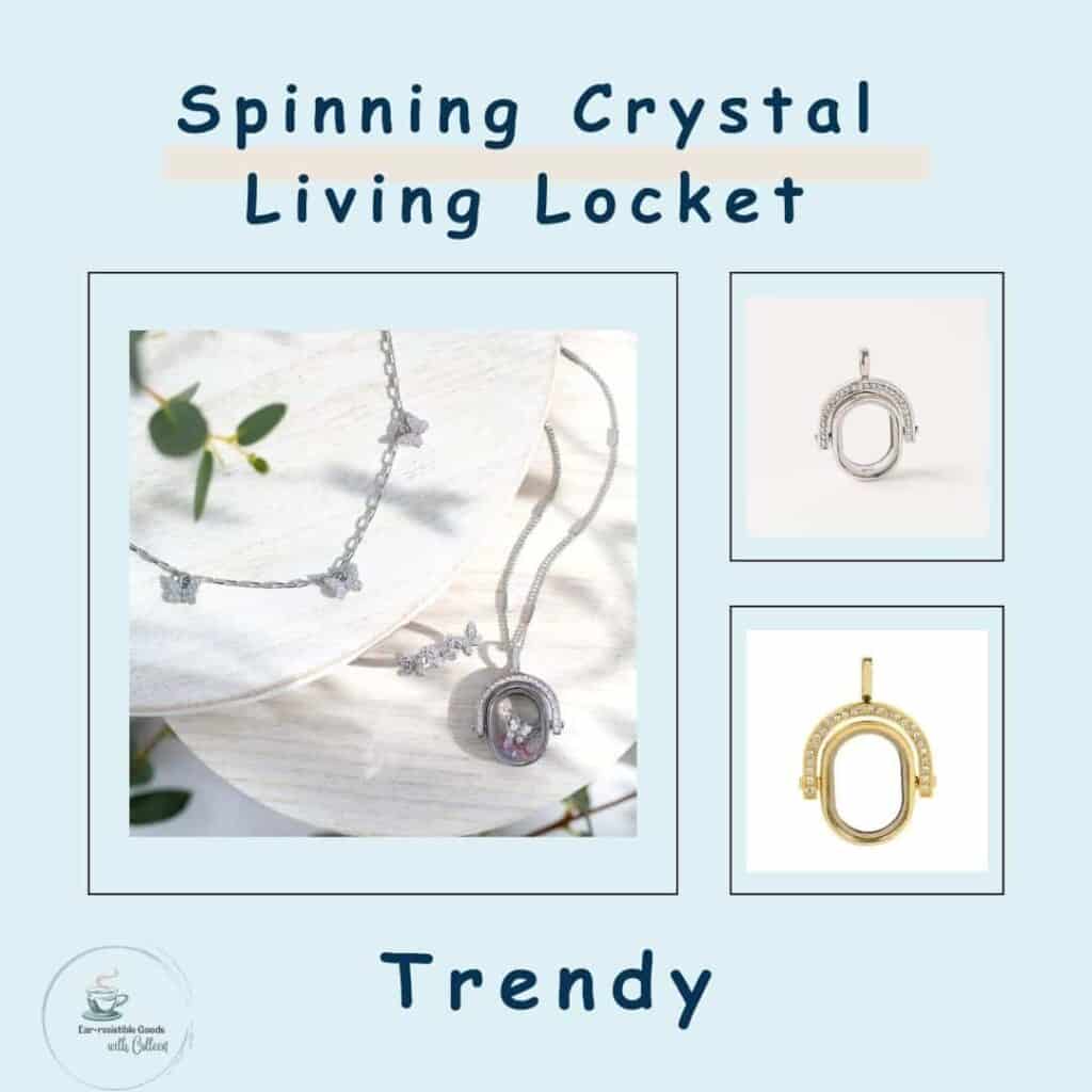 A light blue image showing a picture of a trendy spinning crystal living locket and 2 images of this living lockets in silver and gold