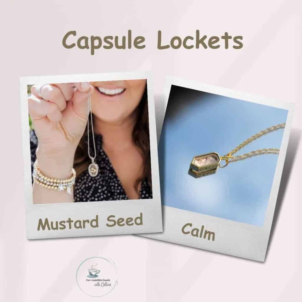 A light pink image with 2 capsule living lockets: a silver and gold oval shaped capsule locket with a small mustard seed and mountain outline and a gold calm capsule locket with rose quartz crystals