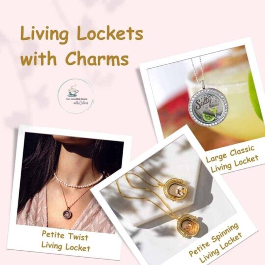 A light pink image with 3 pictures of Origami Owl Living Lockets: a rose gold petite twist living locket, a gold petite spinning Living Locket and a silver large classic twist living locket