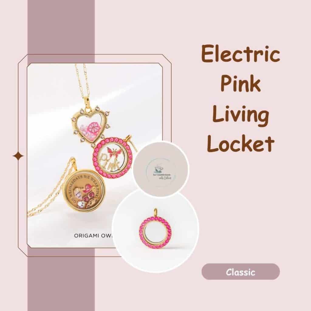A light pink and darker rose image with a picture of gold living lockets: a heart living locket, an electric pink living locket and a modern hinged living locket