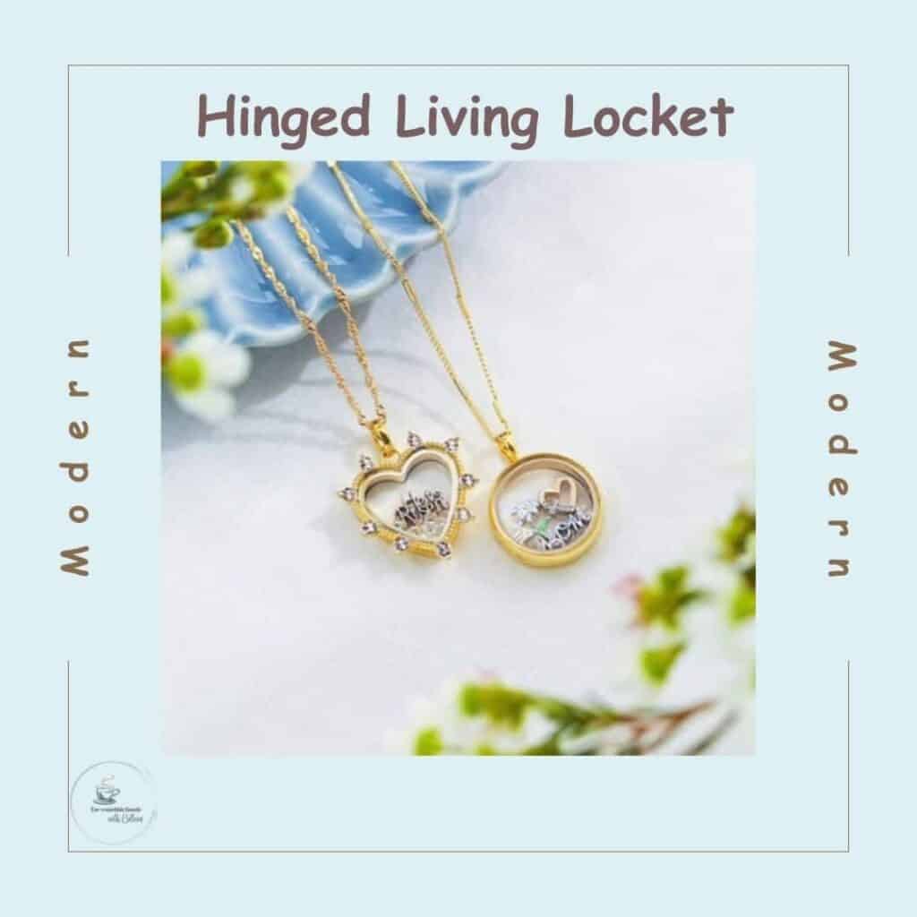A light blue image with a picture of gold living lockets: a heart living locket with crystals and a medium modern hinged locket